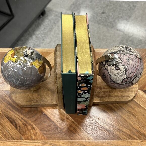 Mini Globe Wooden Bookends Set of 2 Mixed Pair World Map Multicolored India NWT - Picture 10 of 10
